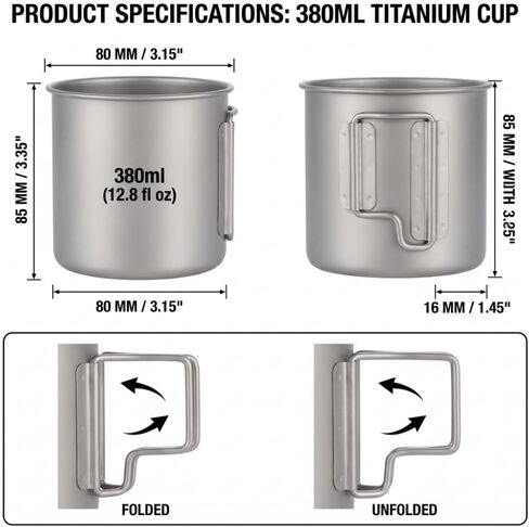 Outdoor Camping Water Mug，Titanium Coffee Mug Titanium Pots Titanium Cup with Foldable Handle ， Tableware 380ml in Saudi Arabia