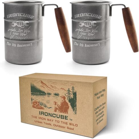 ironcube 2-Pack Stainless Steel Camping Mugs with Wood Handles, Giftable Commemorative Box – Lightweight Heat-Resistant 13.5 oz Metal Cups for Campers, Perfect for Camping, Hiking, Outdoor Travel in Saudi Arabia