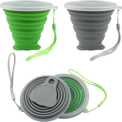 Bonsicoky 2 Pack Collapsible Cup, Folding Travel Mug with Lid, 270ml Portable Cup for Hiking, Camping, Outdoor & Daily Use, Green and Gray (Collapses to 0.55 Inch) in Saudi Arabia