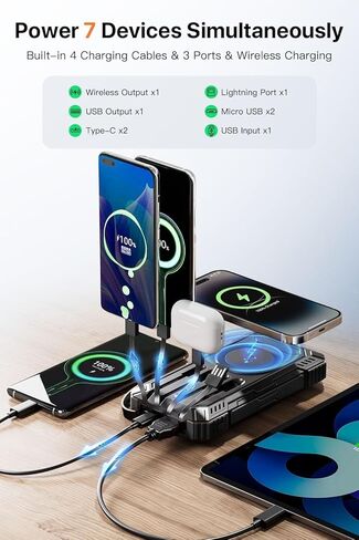 jskei Power Bank 49800mAh Solar Portable Charger Wireless Charging USB-C 15W Fast Charging with 4 Built-in Cables LED Flashlight Battery Pack Compatible with iPhone, iPad, Perfect for Camping,Hiking in Saudi Arabia