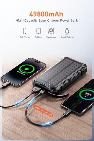 jskei Power Bank 49800mAh Solar Portable Charger Wireless Charging USB-C 15W Fast Charging with 4 Built-in Cables LED Flashlight Battery Pack Compatible with iPhone, iPad, Perfect for Camping,Hiking in Saudi Arabia