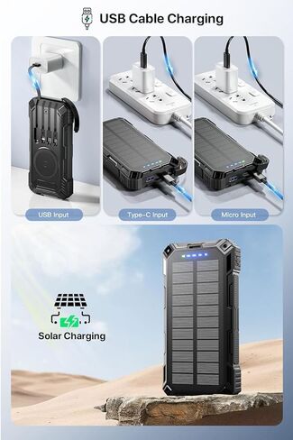 jskei Power Bank 49800mAh Solar Portable Charger Wireless Charging USB-C 15W Fast Charging with 4 Built-in Cables LED Flashlight Battery Pack Compatible with iPhone, iPad, Perfect for Camping,Hiking in Saudi Arabia