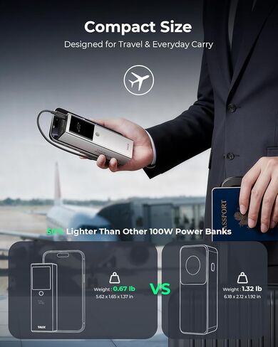 TALIX 125W Power Bank, 12800mAh Portable Laptop Charger with 240W USB-C Cable and 3-Port, PD Fast Charging Battery Pack for Laptop/Lenovo/Dell/MacBook/iPhone 17/Moto/Samsung S26, TSA Approved in Kuwait