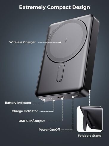 شاحن محمول Magsafe - بنك طاقة مغناطيسي لاسلكي بقدرة 10000 مللي أمبير في الساعة مع حامل، PD 20 وات شحن سريع حزمة بطارية خارجية للسفر/التخييم شاحن هاتف أساسي لسلسلة iphone 17/16/15/14/13/12 in Saudi Arabia
