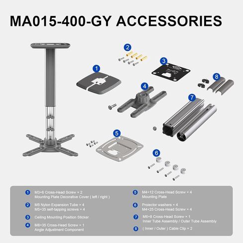 Jomard Projector Ceiling Mount, Heavy Duty Aluminum, Adjustable Height 10.05"-16.94", 360° Swivel 15° Tilt, Holds 15 Lbs, Gray in Saudi Arabia