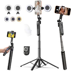 63" Tripod for iPhone with Light Remote, Detachable Phone Holder, Auto Face Tracking Tripod for Travel, Lightweight Selfie Stick Tripod for Video Recording, Compatible with Phone/Action Camera in Saudi Arabia