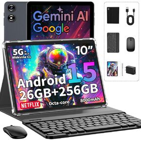 تابلت 2026 Android 15 مع لوحة مفاتيح، 26 جيجابايت + 256 جيجابايت + 2 تيرابايت، كمبيوتر لوحي 10 بوصة مع Gemini AI، ثماني النواة، 8000 مللي أمبير، 5G WiFi، Widevine L1، GPS، GMS، 2 في 1 أجهزة لوحية مع حافظة، ماوس، قلم (جراب أسود) in Kuwait
