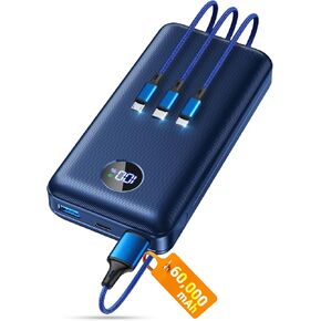 شاحن محمول باور بانك، حزمة بطارية 60000 مللي أمبير في الساعة مع كابل 3 في 1 USB-C/iOS/Micro-USB، شاحن هاتف محمول سريع الشحن بقدرة 22.5 وات، باور بانك أساسي للتخييم أثناء السفر لهاتف iPhone 17/16 سامسونج، أزرق داكن in Kuwait