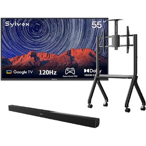 SYLVOX Outdoor TV with Rolling Stand & Soundbar, 55 inch 120Hz 4K Smart TVs, Weatherproof & IP55 Waterproof, Compatible with Google & Dolby Atmos, HDMI 2.1 & USB 3.0, 1000 Nits Outside TV for Gaming in Saudi Arabia