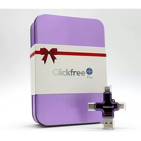 محرك أقراص فلاش Clickfree Pro سعة 128 جيجابايت 4 في 1 USB احتياطي للصور والفيديو لأجهزة iPhone وAndroid وiPad وMac - مع علبة سفر معدنية متطابقة (أرجواني) - مع ملصق مخصص بجودة المتحف in Kuwait