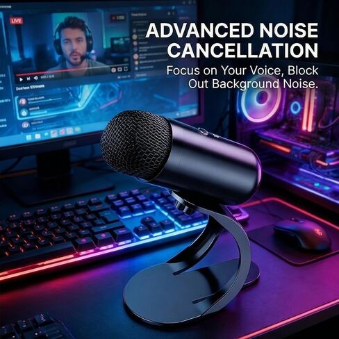 USB Gaming & Streaming Condenser Microphone | Large Diaphragm, Noise Cancel, USB-C | Plug-and-Play for PC & Content Creators in Saudi Arabia