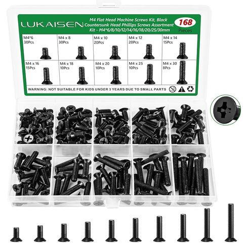 168 Pcs M4 Phillips Pan Head Machine Screws Kit for Switch Boxes | 10 Metric Sizes (M4 x 6mm to 30mm), Carbon Steel Black Screws for Wall Socket Outlets & Faceplates, Clear Label Storage Box in Saudi Arabia