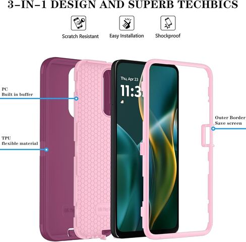 Qinmay Phone Case for Motorola Moto G 2026/Moto G Play 5G 2026 Case with HD Screen Protector, Heavy Duty Shockproof & Dropproof 3-Layer Cover Phone Case,WineRedPink in Saudi Arabia