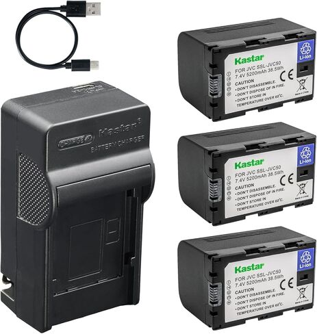 بطارية Kastar SSL-JVC50 مكونة من 4 قطع وشاحن تيار متردد وUSB-C، متوافق مع كاميرا الفيديو JVC GY-HM600 GY-HM650 GY-HM660 GY-LS300 GY-HM200 GY-HM250 GY-HMQ10 GY-HMQ30 in Kuwait