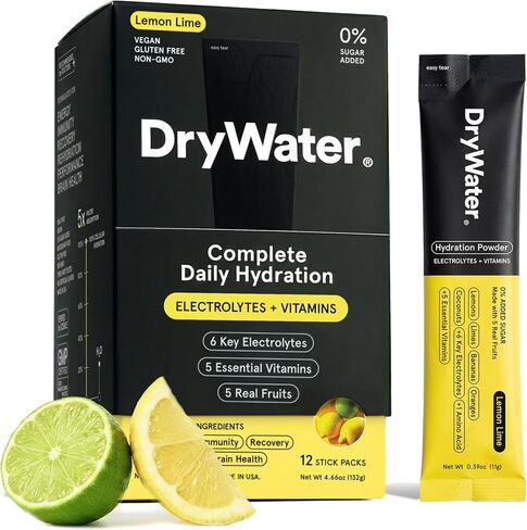 عبوات مسحوق DryWater® Electrolyte + فيتامين الترطيب - الليمون الحامض، 1000 مجم بوتاسيوم، فاكهة عضوية حقيقية، معتمدة من NSF للرياضة، لا يوجد شيء صناعي، بدون سكر مضاف (12 عبوة لاصقة) in Saudi Arabia