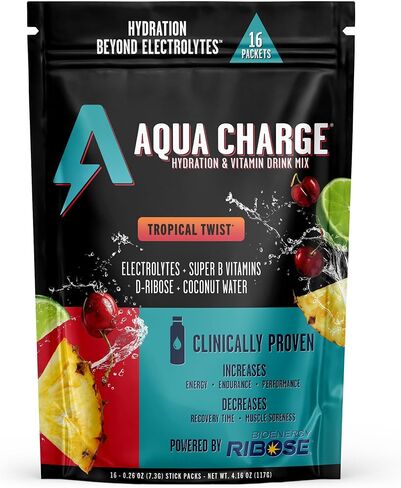 Grab The Gold Aqua Charge Electrolytes Drink Mix | Naturally Flavored Sugar-Free Hydration Drinks with B Vitamins | Vegan, Gluten-Free, Non-GMO | Tropical Twist - 16 Packs, Made in USA in Saudi Arabia