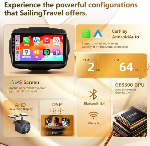 راديو سيارة 5G WiFi(6) لسيارة Jeep Renegade 2015-2020، Android13/CarPlay اللاسلكي/Android Auto/شاشة تعمل باللمس/نظام ملاحة GPS/بلوتوث/FM/كاميرا احتياطية عالية الدقة (2+64) in Kuwait