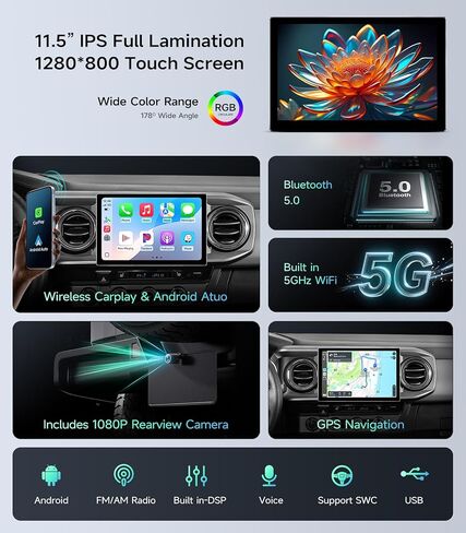 11.5'' Car Radio Stereo Upgrade for Toyota Tacoma 2016-2023 Wireless CarPlay Android Auto | 5G WiFi GPS Navigation | IPS HD Touchscreen | Bluetooth/FM/SWC | Plug & Play with 1080P Backup Camera in Saudi Arabia