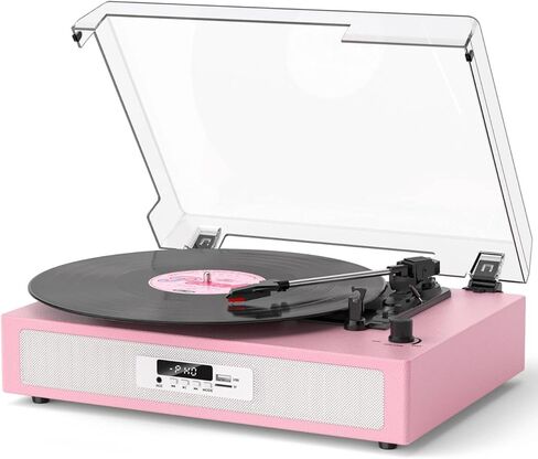 Vinyl Record Player with Built-in Dual Stereo Speakers, Vintage 3-Speed Turntable, Bluetooth Record Player with EQ Sound Modes, USB/TF Recording & Playback, LED Display, RCA & AUX Jack – Pink in Saudi Arabia