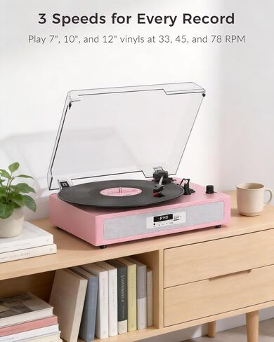 Vinyl Record Player with Built-in Dual Stereo Speakers, Vintage 3-Speed Turntable, Bluetooth Record Player with EQ Sound Modes, USB/TF Recording & Playback, LED Display, RCA & AUX Jack – Pink in Saudi Arabia