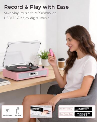 Vinyl Record Player with Built-in Dual Stereo Speakers, Vintage 3-Speed Turntable, Bluetooth Record Player with EQ Sound Modes, USB/TF Recording & Playback, LED Display, RCA & AUX Jack – Pink in Saudi Arabia