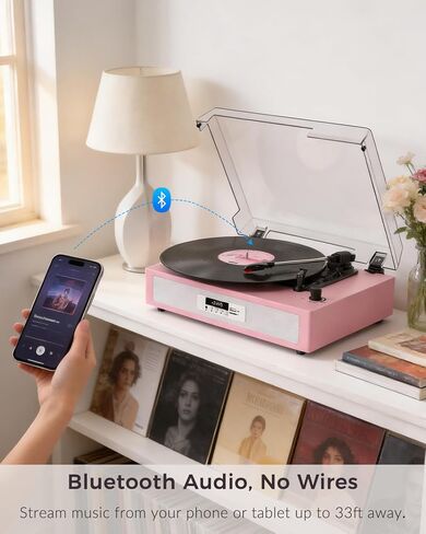 Vinyl Record Player with Built-in Dual Stereo Speakers, Vintage 3-Speed Turntable, Bluetooth Record Player with EQ Sound Modes, USB/TF Recording & Playback, LED Display, RCA & AUX Jack – Pink in Saudi Arabia