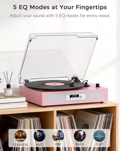 Vinyl Record Player with Built-in Dual Stereo Speakers, Vintage 3-Speed Turntable, Bluetooth Record Player with EQ Sound Modes, USB/TF Recording & Playback, LED Display, RCA & AUX Jack – Pink in Saudi Arabia