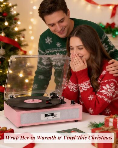 Vinyl Record Player with Built-in Dual Stereo Speakers, Vintage 3-Speed Turntable, Bluetooth Record Player with EQ Sound Modes, USB/TF Recording & Playback, LED Display, RCA & AUX Jack – Pink in Saudi Arabia