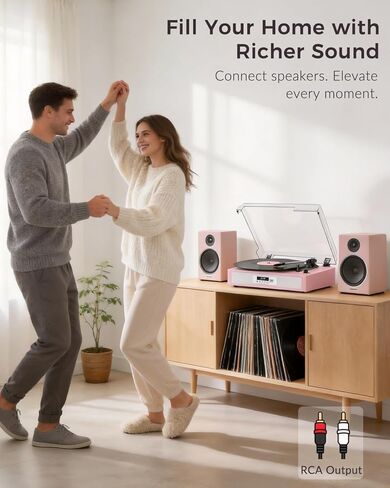 Vinyl Record Player with Built-in Dual Stereo Speakers, Vintage 3-Speed Turntable, Bluetooth Record Player with EQ Sound Modes, USB/TF Recording & Playback, LED Display, RCA & AUX Jack – Pink in Saudi Arabia