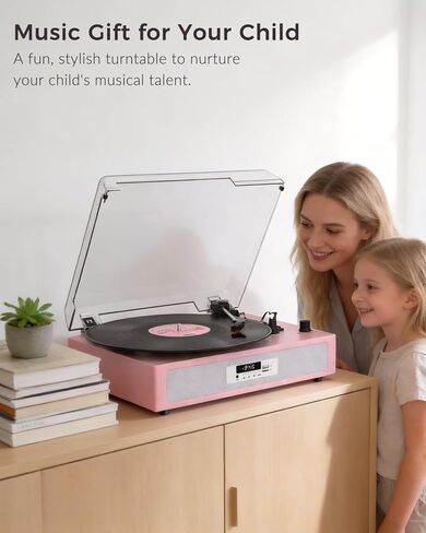 Vinyl Record Player with Built-in Dual Stereo Speakers, Vintage 3-Speed Turntable, Bluetooth Record Player with EQ Sound Modes, USB/TF Recording & Playback, LED Display, RCA & AUX Jack – Pink in Saudi Arabia