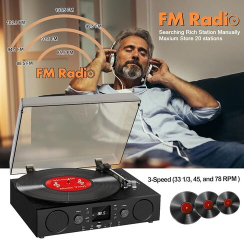 مشغل تسجيل مع مكبرات صوت مدمجة، قرص دوار بحزام ثلاثي السرعات، مستقبل بلوتوث وراديو FM، تسجيل USB، مخرج خط RCA، مدخل AUX وإيقاف تلقائي، أسود in Saudi Arabia