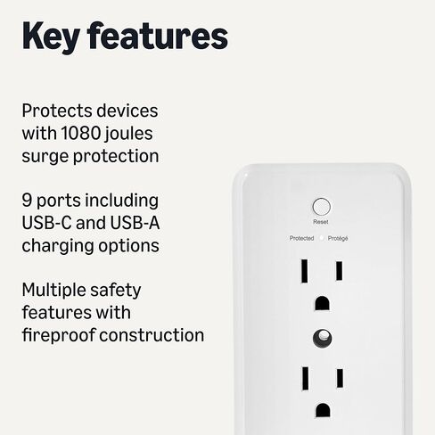 Amazon Basics Wall Mount Surge Protector Power Strip with 9-in-1 Hub, 1080 Joules, 6 AC Outlets, 1 USB-A and 2 USB-C (20W Fast Charging), White in Saudi Arabia