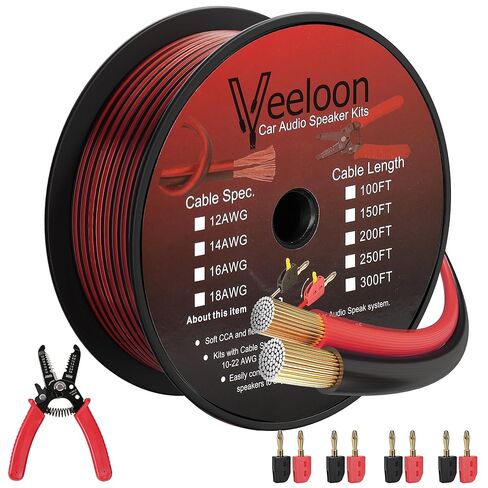 سلك مكبر صوت 16AWG بطول 100 قدم، مجموعة أسلاك مكبر صوت مقاس 16/2 مع أداة قطع كابل الموز، علامة قطبية، سلك سحاب موصلين لمكبرات صوت السيارة ستيريو، المسرح المنزلي، الصوت المحيطي، CCA in Saudi Arabia