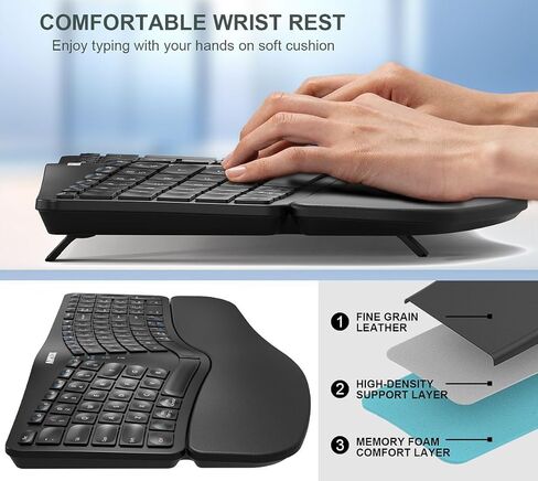 Arteck Ergonomic Keyboard with Cushioned Wrist Palm Rest, Multi-Device Wireless Bluetooth with USB-A USB-C Receiver Comfortable Ergonomic Split Keyboard, for Windows Computer Laptop PC Tablet in Saudi Arabia