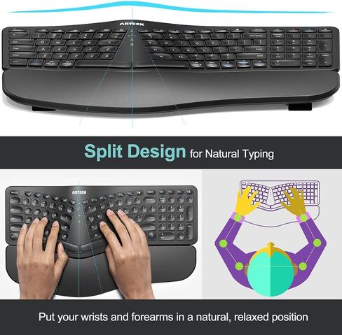 Arteck Ergonomic Keyboard with Cushioned Wrist Palm Rest, Multi-Device Wireless Bluetooth with USB-A USB-C Receiver Comfortable Ergonomic Split Keyboard, for Windows Computer Laptop PC Tablet in Saudi Arabia