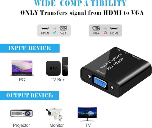 Video Capture Card, VGA to USB Capture Adapter with Microphone Input, HD 1080P Video Adapter with OTG Cable, for Live Broadcast, Wii U, Laptops, Monitors, Video Conferencing and Games in Saudi Arabia