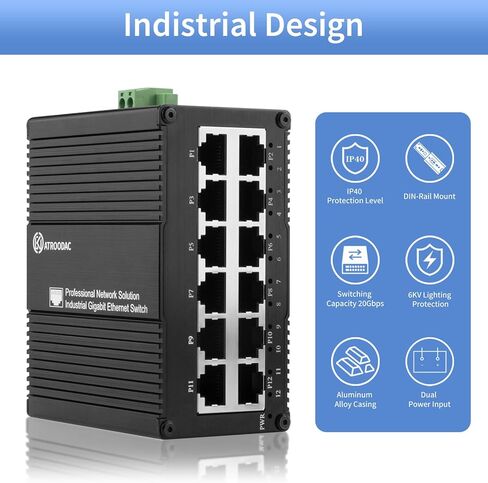 محول جيجابت إيثرنت 12 منفذًا، محول شبكة صناعية غير مُدارة، مدخل طاقة مزدوج (USB-C 5V/DC 9-56V)، 10/100/1000 ميجابت في الثانية، التوصيل والتشغيل، DIN-Rail وحامل الحائط، للمنزل والمكتب والأتمتة in Saudi Arabia