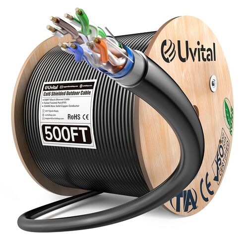 كابل إيثرنت Uvital Cat6 للدفن المباشر 500 قدم، 23AWG من النحاس الصلب العاري | سترة LLDPE مقاومة للماء والأشعة فوق البنفسجية | بروتوكول نقل الملفات، 550 ميجا هرتز، 10 جيجابت | خارجي، أسود in Kuwait