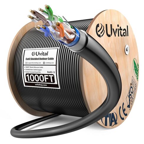 كابل إيثرنت Uvital Cat6 للدفن المباشر 500 قدم، 23AWG من النحاس الصلب العاري | سترة LLDPE مقاومة للماء والأشعة فوق البنفسجية | بروتوكول نقل الملفات، 550 ميجا هرتز، 10 جيجابت | خارجي، أسود in Kuwait