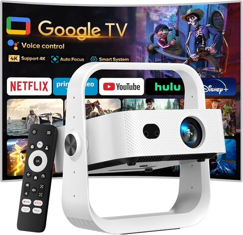 جهاز عرض [تلفزيون Google مرخص رسميًا]، جهاز عرض ذكي 4K&1080P مع واي فاي وبلوتوث، التركيز التلقائي وحجر المفاتيح، جهاز عرض فيديو فيلم التحكم الصوتي، جهاز عرض منزلي مع حامل دوار 360 درجة in Kuwait