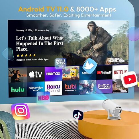 [180°Adjustable Stand] Smart Mini Projector with Android TV Phone Holder Upgraded Vacuum Magnetic Phone Holder, Auto Keystone, Portable Ceiling Projector for iOS and Android. in Saudi Arabia