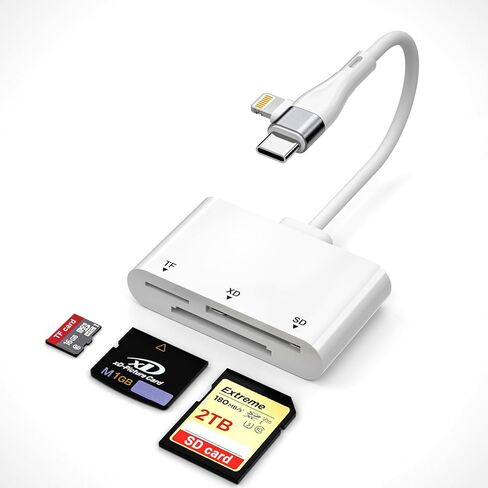 قارئ بطاقات XD، محول بطاقة ذاكرة 3 في 1 SD/TF/XD مع USB-C وLightning، متوافق مع بطاقة Olympus xD-Picture/SD/MicroSD، لهاتف iPhone 17/16/15/14/iPad/Android/MacBook in Saudi Arabia