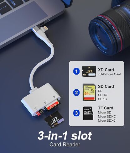 قارئ بطاقات XD، محول بطاقة ذاكرة 3 في 1 SD/TF/XD مع USB-C وLightning، متوافق مع بطاقة Olympus xD-Picture/SD/MicroSD، لهاتف iPhone 17/16/15/14/iPad/Android/MacBook in Saudi Arabia