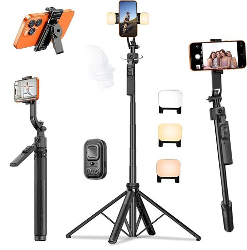 63" Tripod for iPhone with Light Remote, Detachable Phone Holder, Auto Face Tracking Tripod for Travel, Lightweight Selfie Stick Tripod for Video Recording, Compatible with Phone/Action Camera in Saudi Arabia