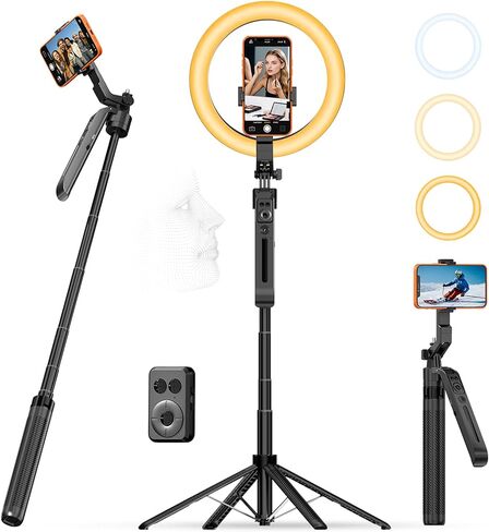 63" Tripod for iPhone with Light Remote, Detachable Phone Holder, Auto Face Tracking Tripod for Travel, Lightweight Selfie Stick Tripod for Video Recording, Compatible with Phone/Action Camera in Saudi Arabia