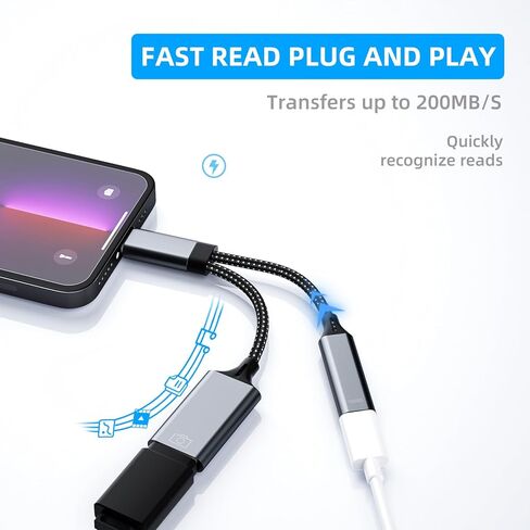 محول Lightning إلى USB لجهاز iPhone (2 في 1) ومقبس شحن OTG 3.0 كابل عصا جاك موصل الكاميرا الرقمية الهاتف لوحة المفاتيح قارئ بطاقة كابل نقل مقسم لـ Apple MFI معتمد لأجهزة iPad in Saudi Arabia