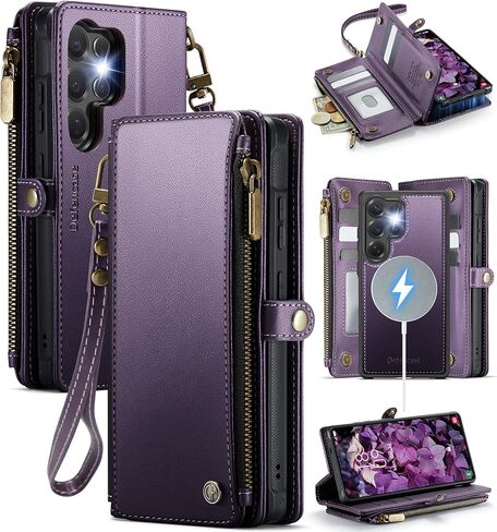 Defencase for Samsung Galaxy S24 Ultra Magnetic Wallet Case Compatible with Magsafe with RFID Blocking Zipper & Card Holder Women, PU Leather Detachable Phone Case for Galaxy S24 Ultra 6.8", Purple in Saudi Arabia