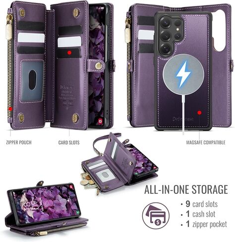 Defencase for Samsung Galaxy S24 Ultra Magnetic Wallet Case Compatible with Magsafe with RFID Blocking Zipper & Card Holder Women, PU Leather Detachable Phone Case for Galaxy S24 Ultra 6.8", Purple in Saudi Arabia