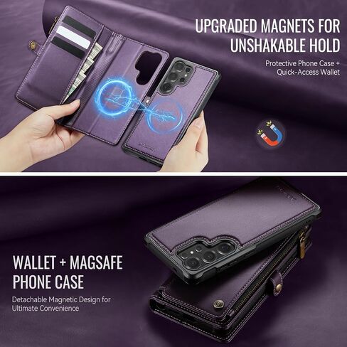 Defencase for Samsung Galaxy S24 Ultra Magnetic Wallet Case Compatible with Magsafe with RFID Blocking Zipper & Card Holder Women, PU Leather Detachable Phone Case for Galaxy S24 Ultra 6.8", Purple in Saudi Arabia