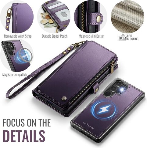 Defencase for Samsung Galaxy S24 Ultra Magnetic Wallet Case Compatible with Magsafe with RFID Blocking Zipper & Card Holder Women, PU Leather Detachable Phone Case for Galaxy S24 Ultra 6.8", Purple in Saudi Arabia